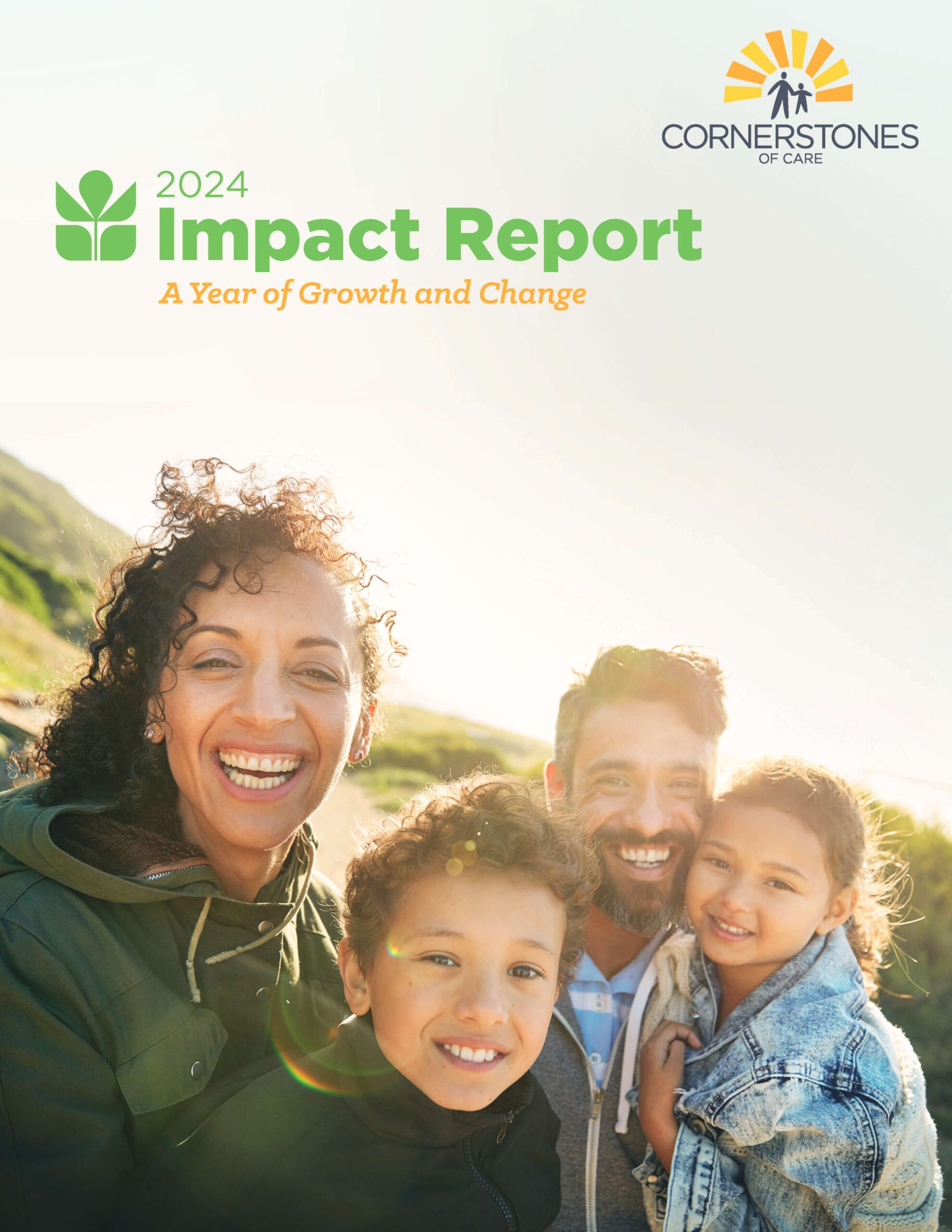 Family of four smiles at the camera on the cover of the 2024 Impact Report