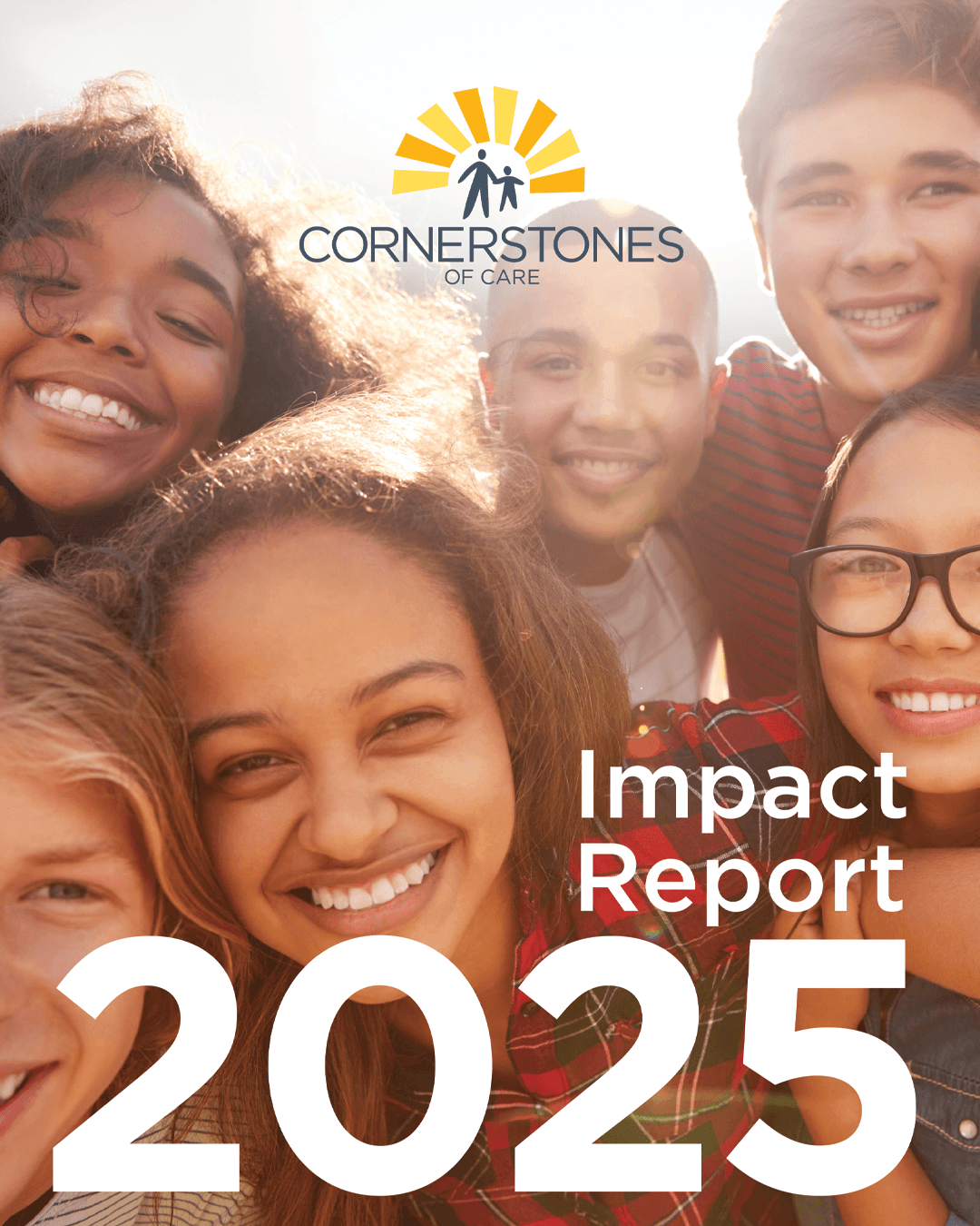 Family of four smiles at the camera on the cover of the 2024 Impact Report